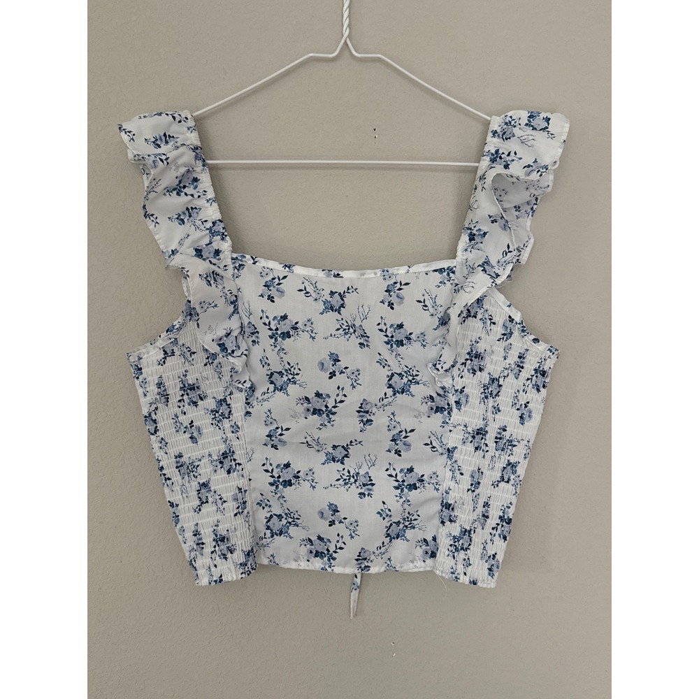 No Frills Floral Crop Top Women XL White Blue Ruffle Smocked Tie Frontโ